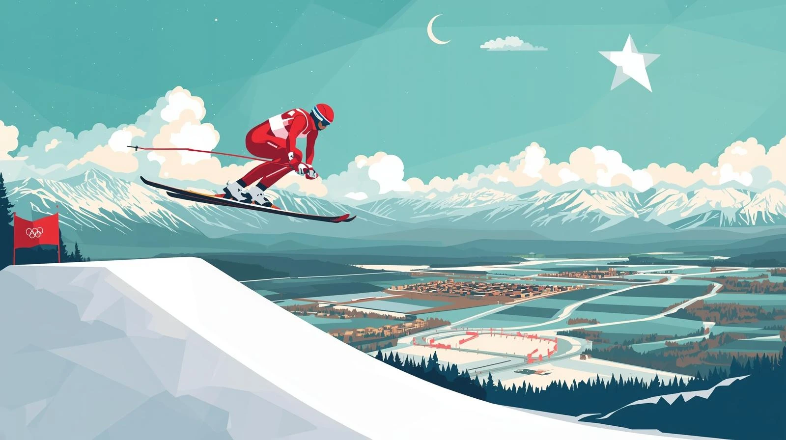 Kırmızı beyaz tulum giyen kayakla atlama sporcusu havada süzülürken karlı dağ manzarası arka planında