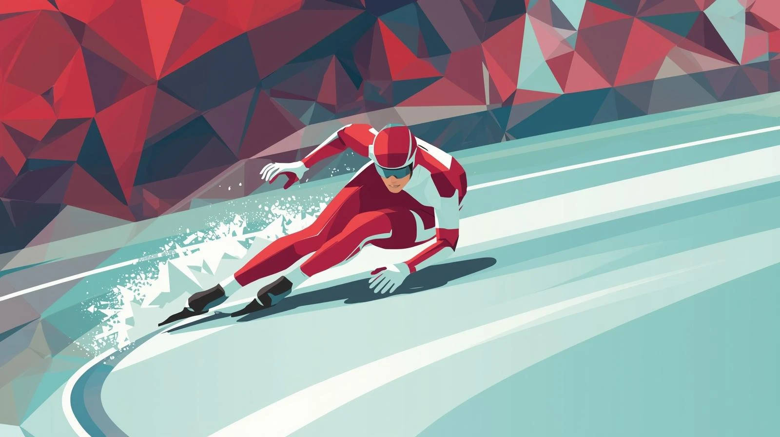 Kırmızı beyaz yarış tulumu giyen short track sürat pateni sporcusu buz pistinde virajda eli yere değerken