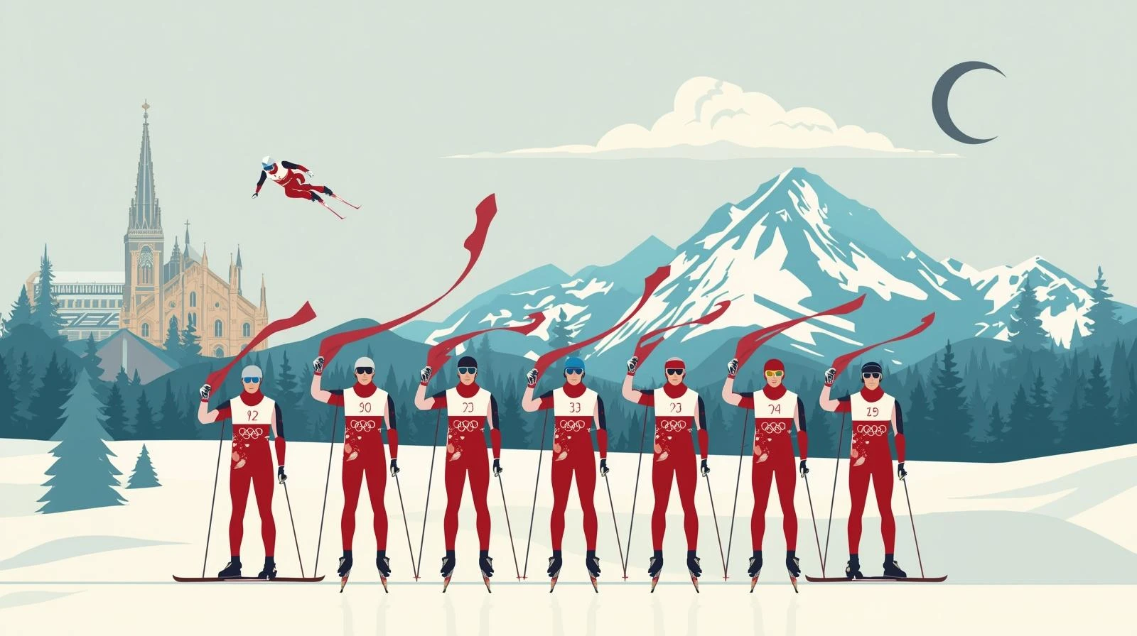 Kırmızı beyaz üniformalı sekiz kış sporu sporcusu kar üzerinde takım halinde Milano katedrali ve Dolomit dağları önünde